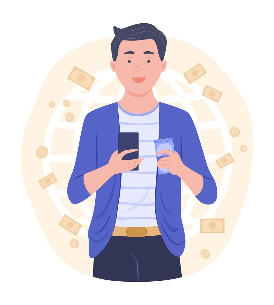 Business Man Getting Cash Money from Online Money Transfer by Smartphone for Fintech Concept Illustration vector
