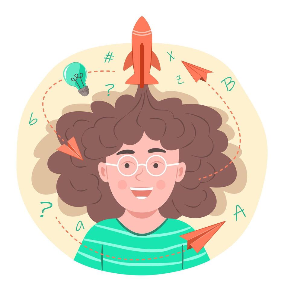 Active Kid Boy with Afro Hair Thinking Creative Idea with Rocket, Paper Plane and Thinking Bulb for Contemplation and Education Concept Illustration vector