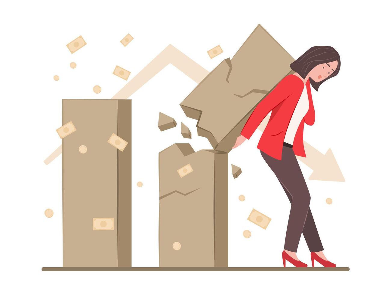 Businesswoman Pushing Cracked Financial Bar Chart for Economy Recession and Bankruptcy Concept Illustration vector