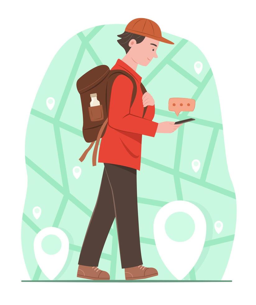 Traveler Backpacker Man Search a Travel Information on Mobile Phone with Location Mark Symbol Background for Travel Concept Illustration vector
