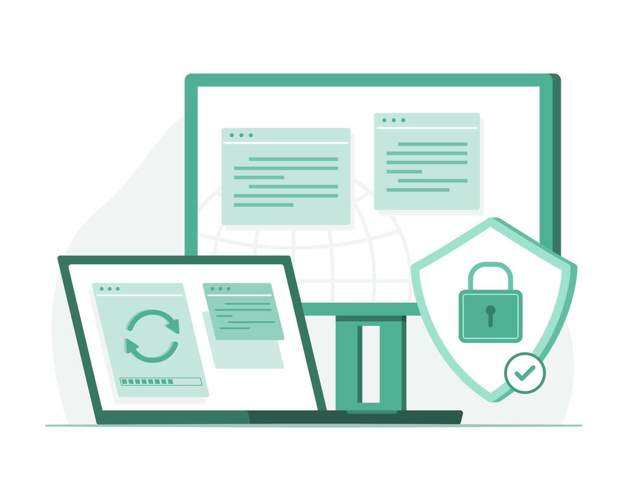 Laptop Computer and Desktop PC Computer Updating Security Data for Cyber Security Concept Illustration vector
