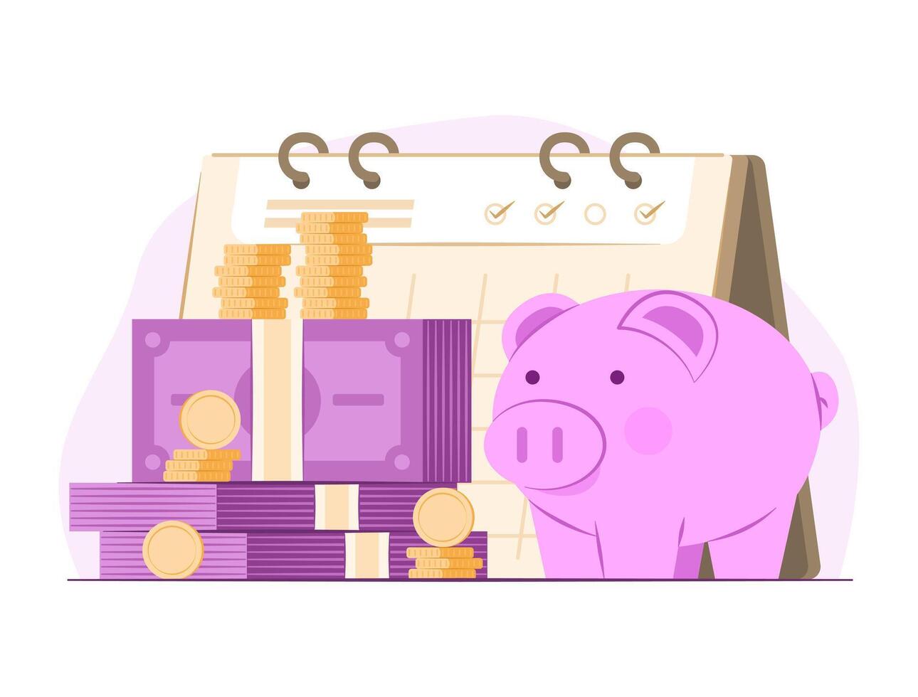 Stack of Cash Money, Piggy Bank Savings Pot and Calendar for Savings and Financial Discipline Concept Illustration vector