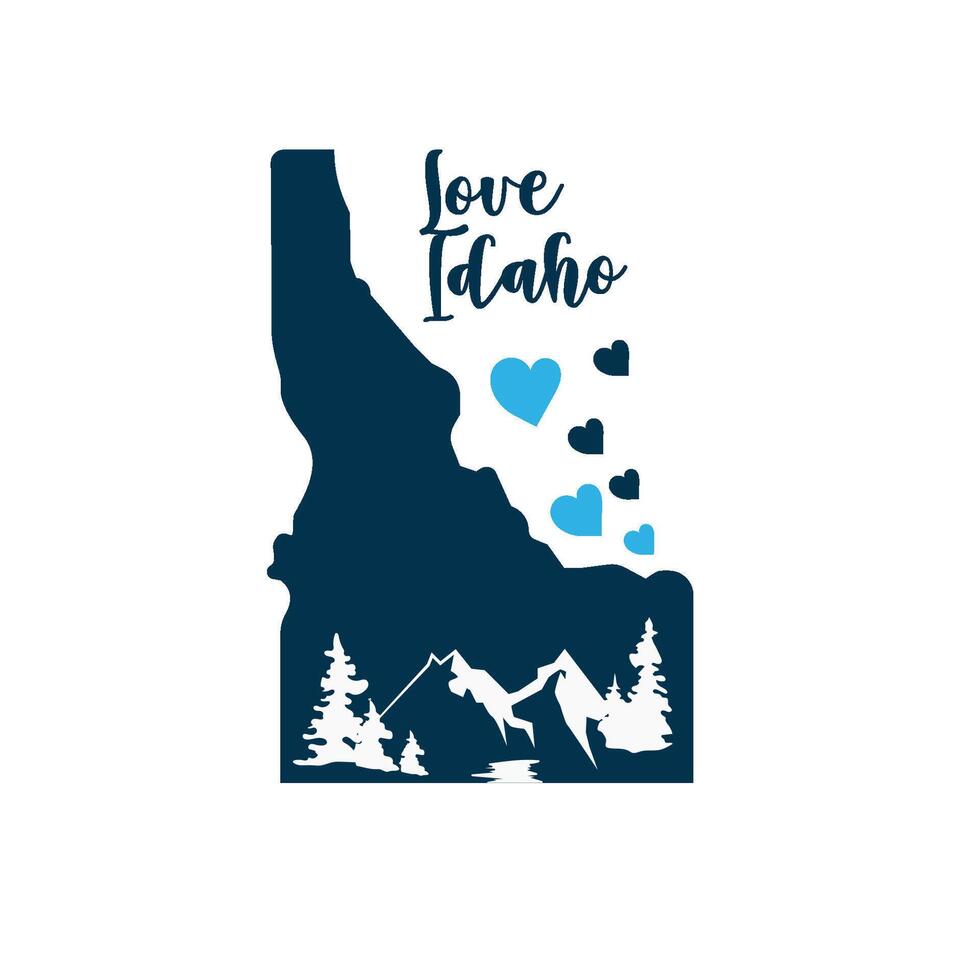 Love Idaho letters with love symbol map in mountains and plants illustration vector