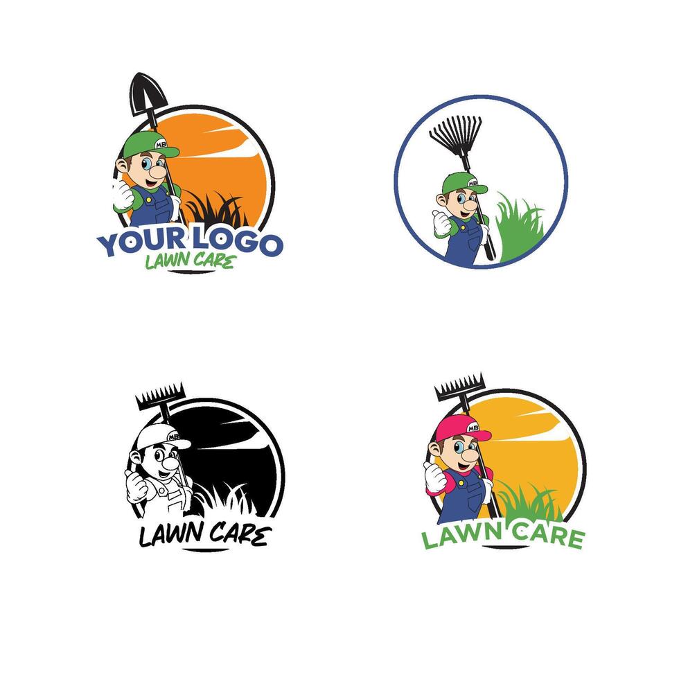 Gardening service landscaping and lawn care concept with human set of four emblem vector