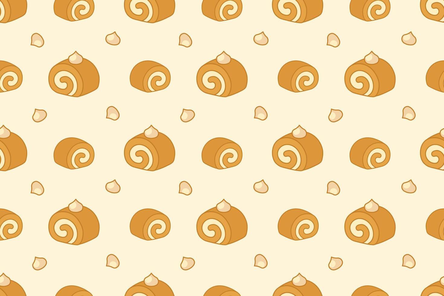 Cute swiss roll cake seamless pattern with whipped cream and beige background vector
