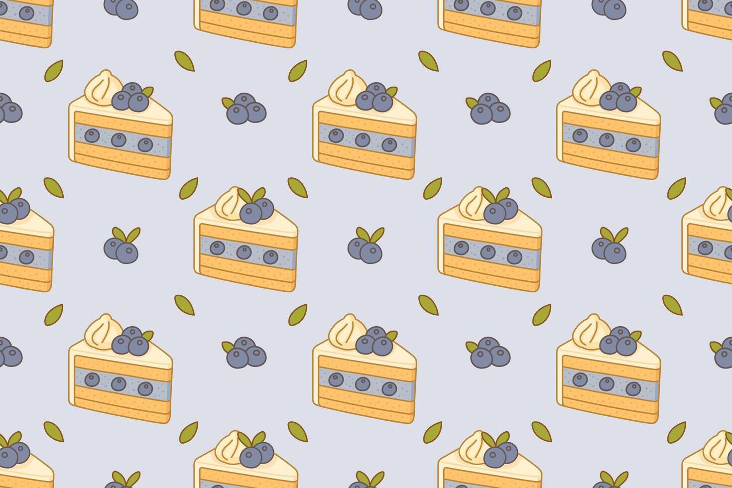 Cute blueberry cake seamless pattern with whipped cream and light blue background vector