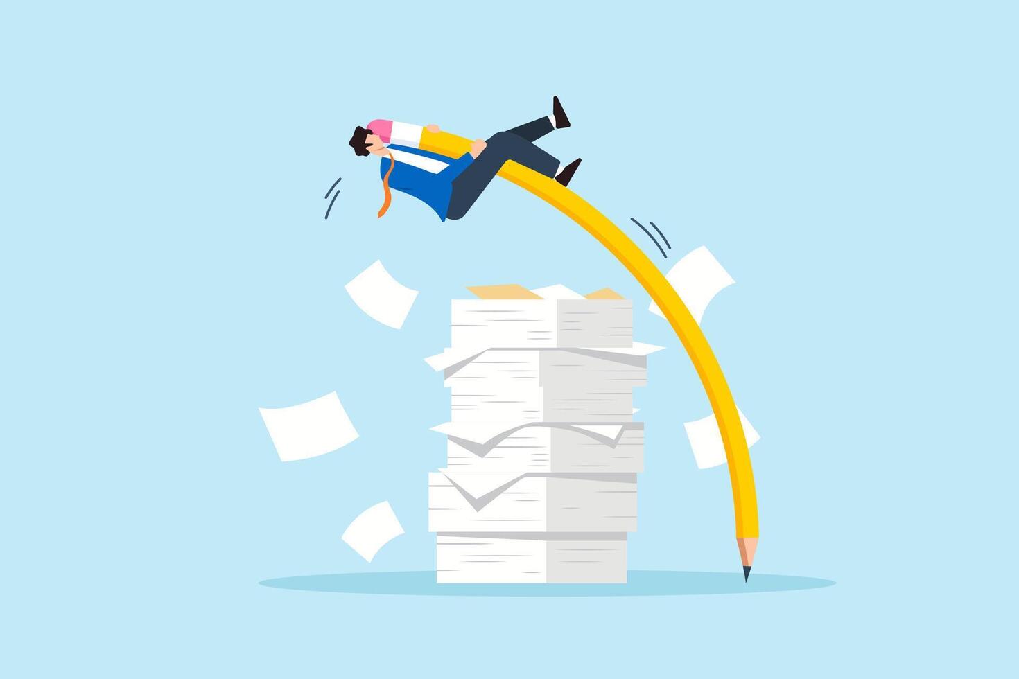 Flat illustration of businessman using giant pencil like pole vault to jump over paperwork symbolizing overload strategy and creative problem solving vector