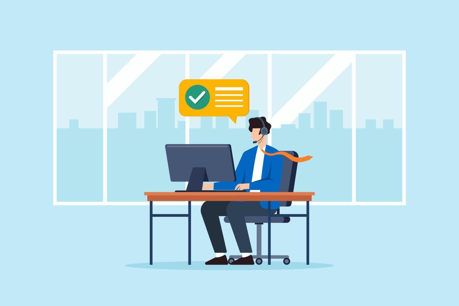 Flat illustration of office employee answering customer calls with headset and desktop computer at work desk in modern workplace vector