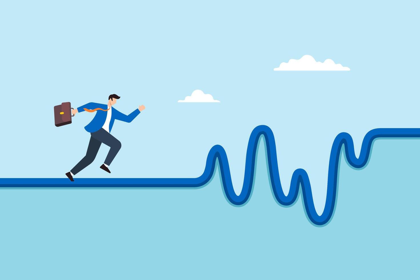 Flat illustration of businessman running on winding unstable path symbolizing career challenges uncertainty and persistence through ups and downs vector