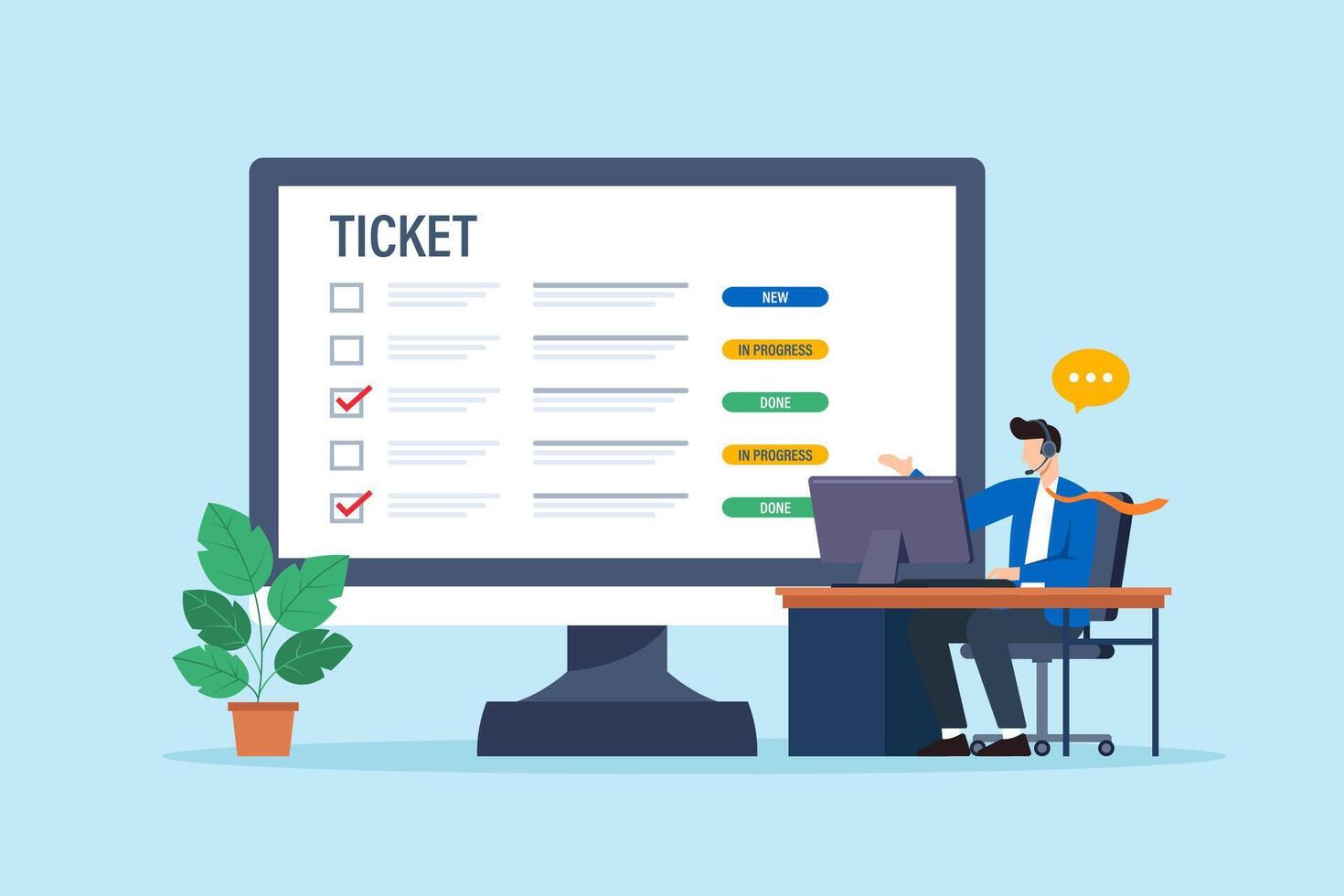 Flat illustration of employee reviewing support tickets with dashboard status while assisting customer on call in helpdesk service vector