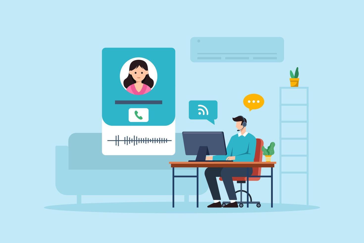 Flat illustration of remote call center operator answering customer with headset and computer during online voice communication vector