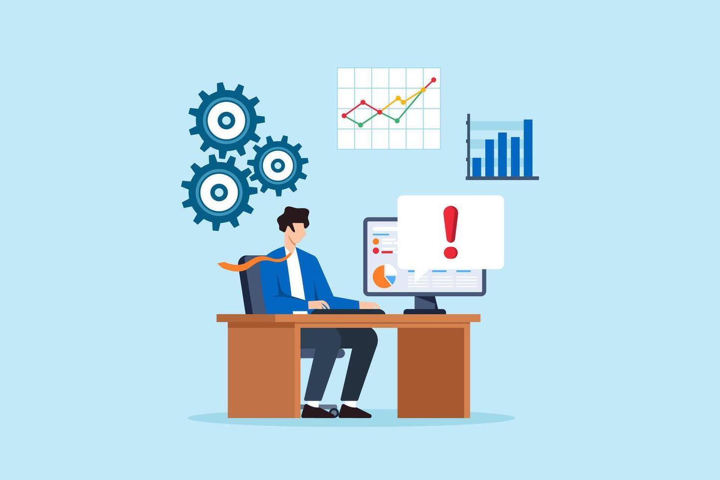 Flat illustration of office employee solving system issues with dashboard alert and data analytics in modern workplace vector
