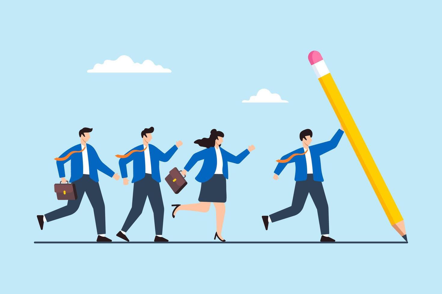 Flat illustration of business leader guiding team by drawing path line with large pencil for leadership vision and achieve success vector