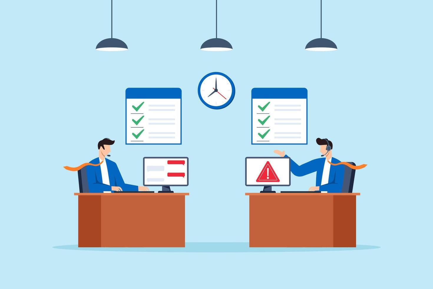 Flat illustration of support staff solving technical issues with headset and computer in office with checklist alert sign and chat on screen vector