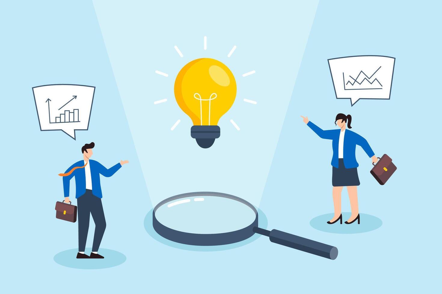 Flat illustration of business people discovering bright idea under magnifying glass spotlight teamwork innovation creativity and solution insight vector