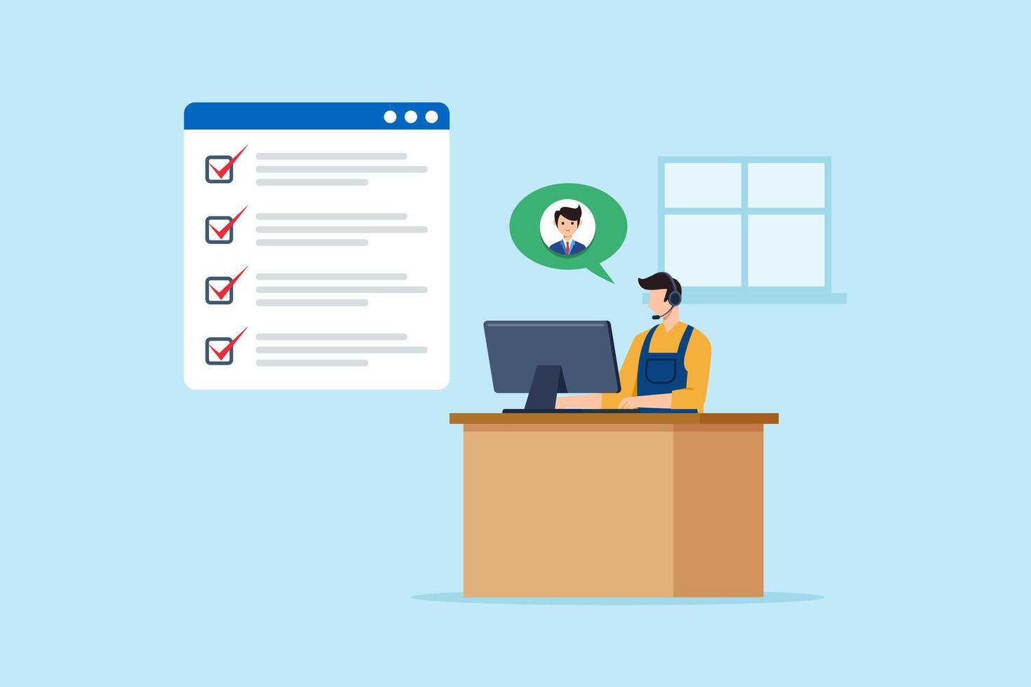 Flat illustration of support staff checking task checklist while assisting customer online with headset and computer at helpdesk vector