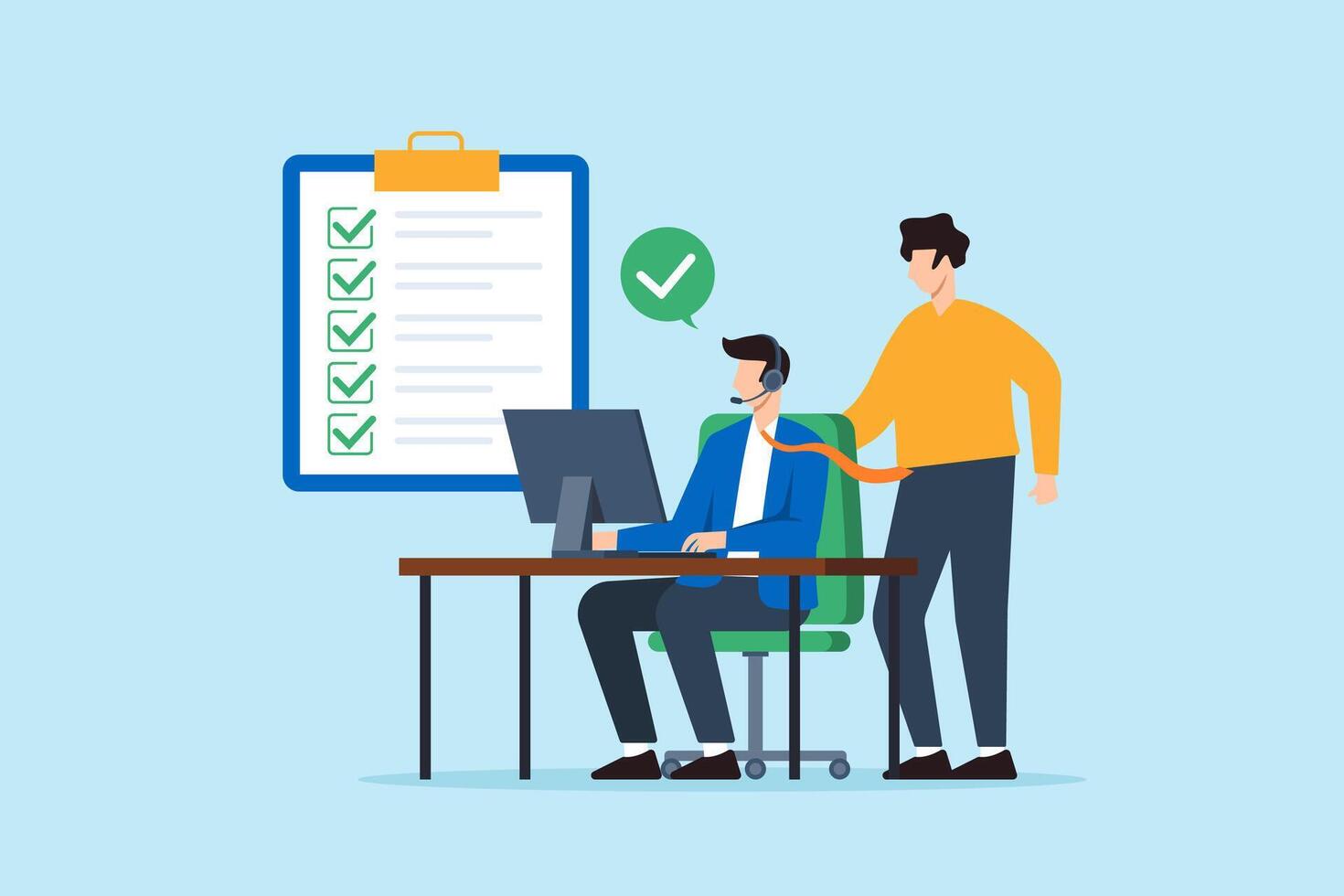Flat illustration of support specialist assisting customer with computer and checklist in professional helpdesk service vector