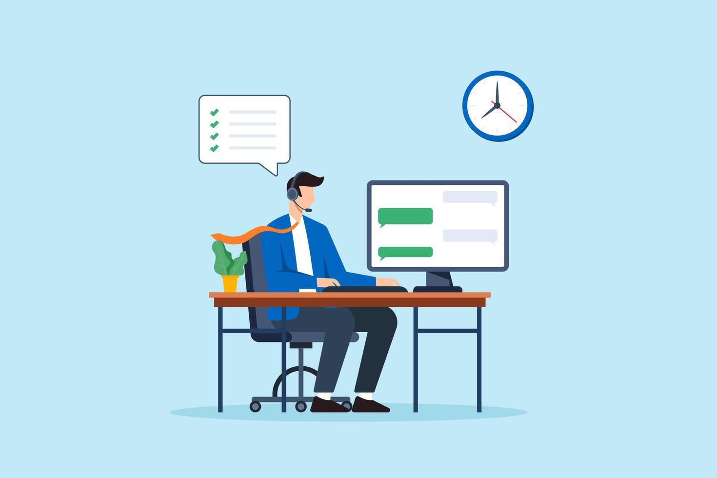 Flat illustration of consultant assisting clients with headset and chat interface at office desk in customer support service vector