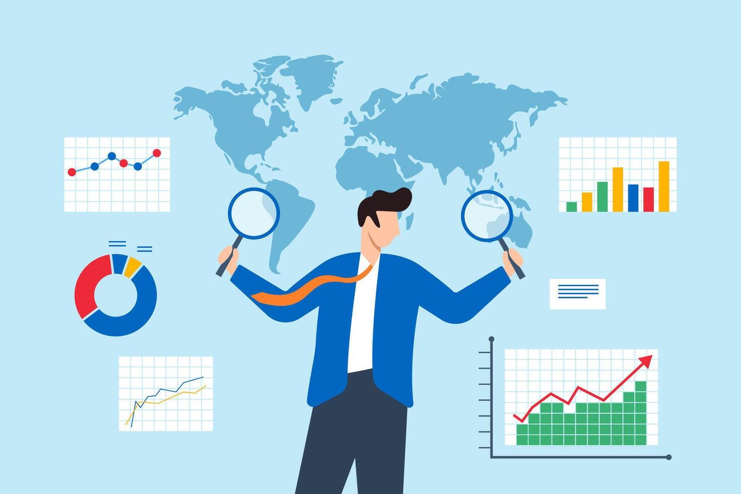 Flat illustration of businessman analyzing global market with magnifying glasses surrounded by graphs charts and world map for business insight vector