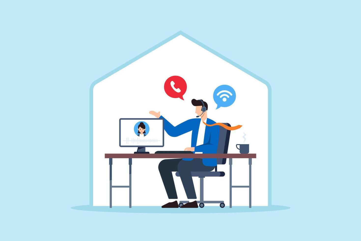 Flat illustration of remote support specialist answering customer calls with headset and computer from home office setup vector
