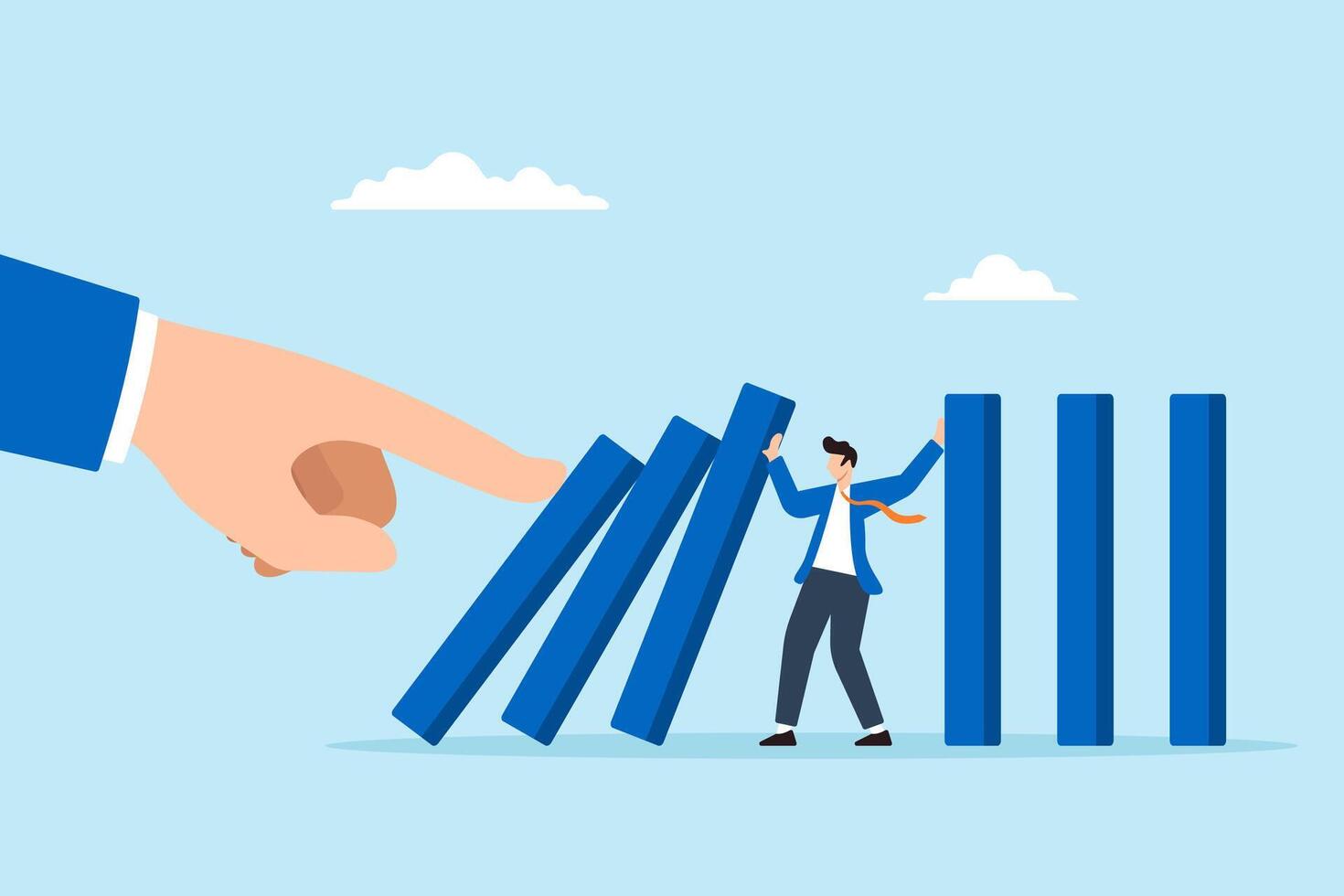 Flat illustration of businessman stopping falling dominoes pushed by giant hand symbolizing crisis leadership resilience and risk prevention vector