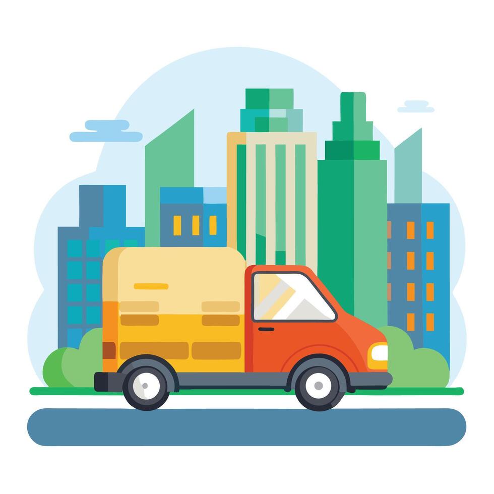 Delivery truck with city skyline in background vector