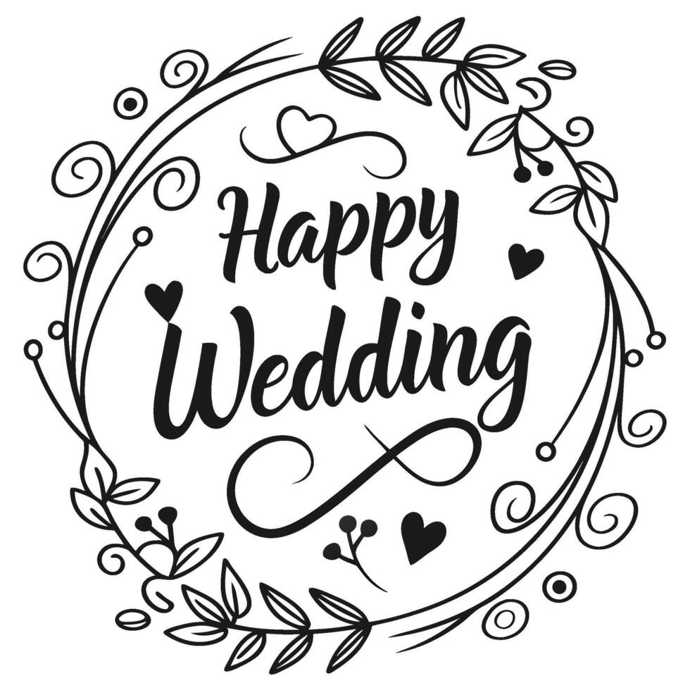 Black White Happy Wedding Circle Floral Greeting vector