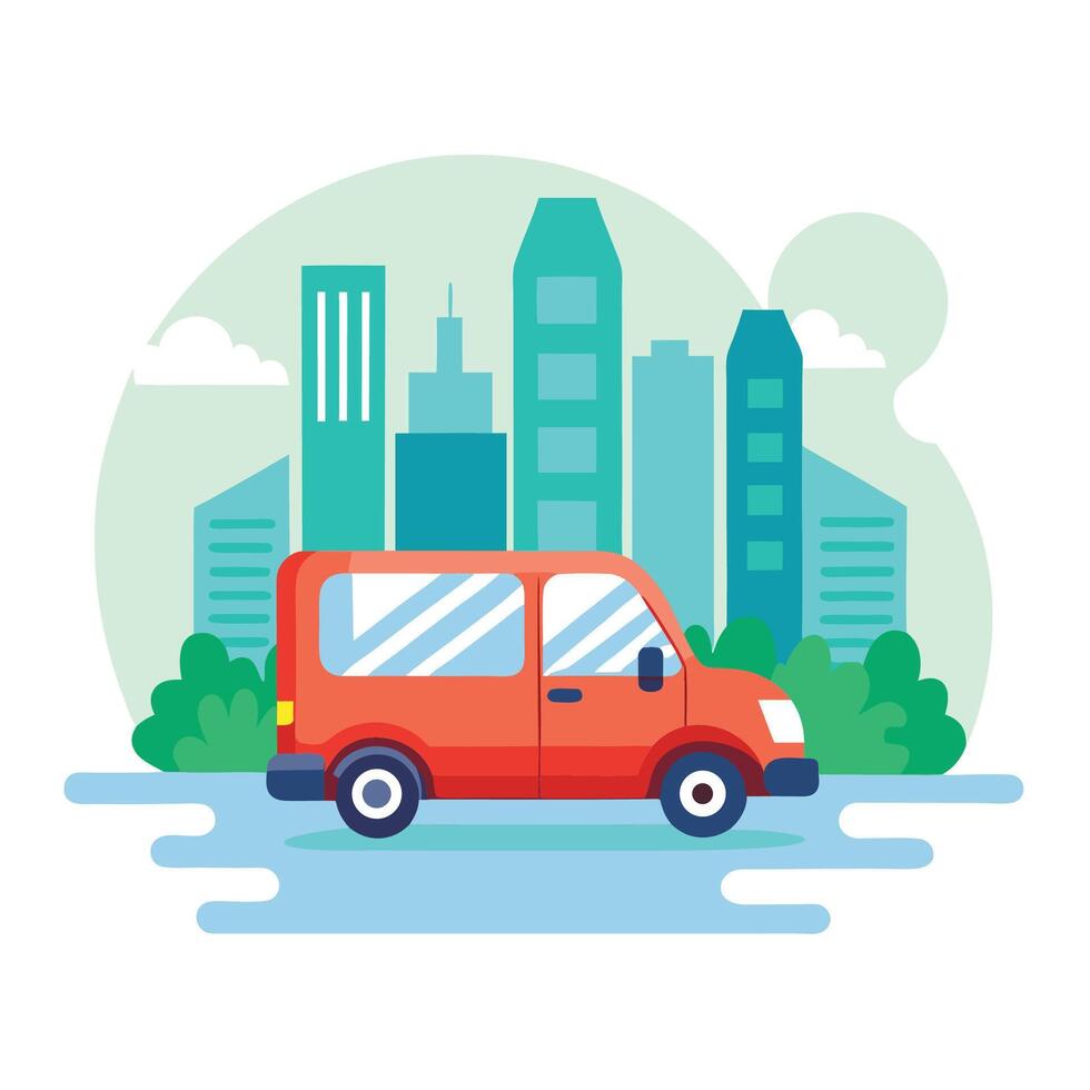 A red van is driving through the city vector