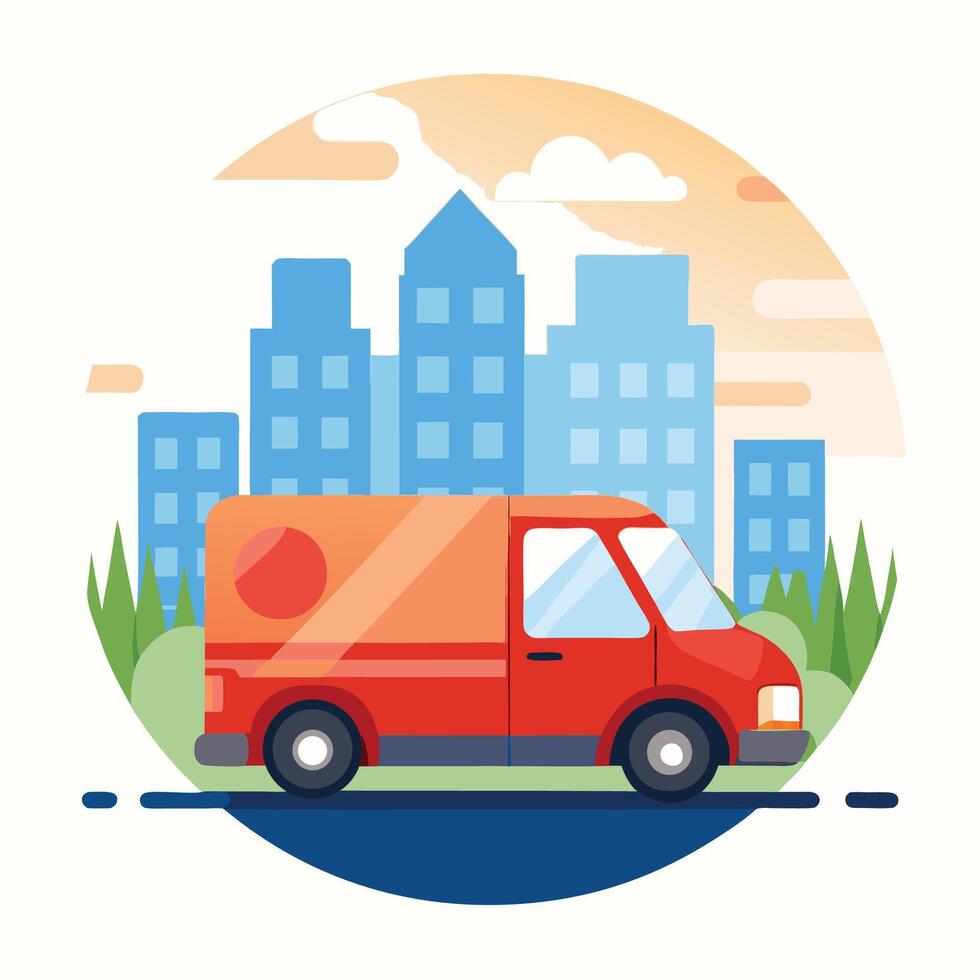 A red delivery truck is driving down the road vector
