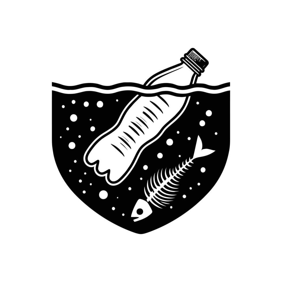 Silhouette Illustration Showing Harmful Impact of Plastic Waste on Marine Life vector