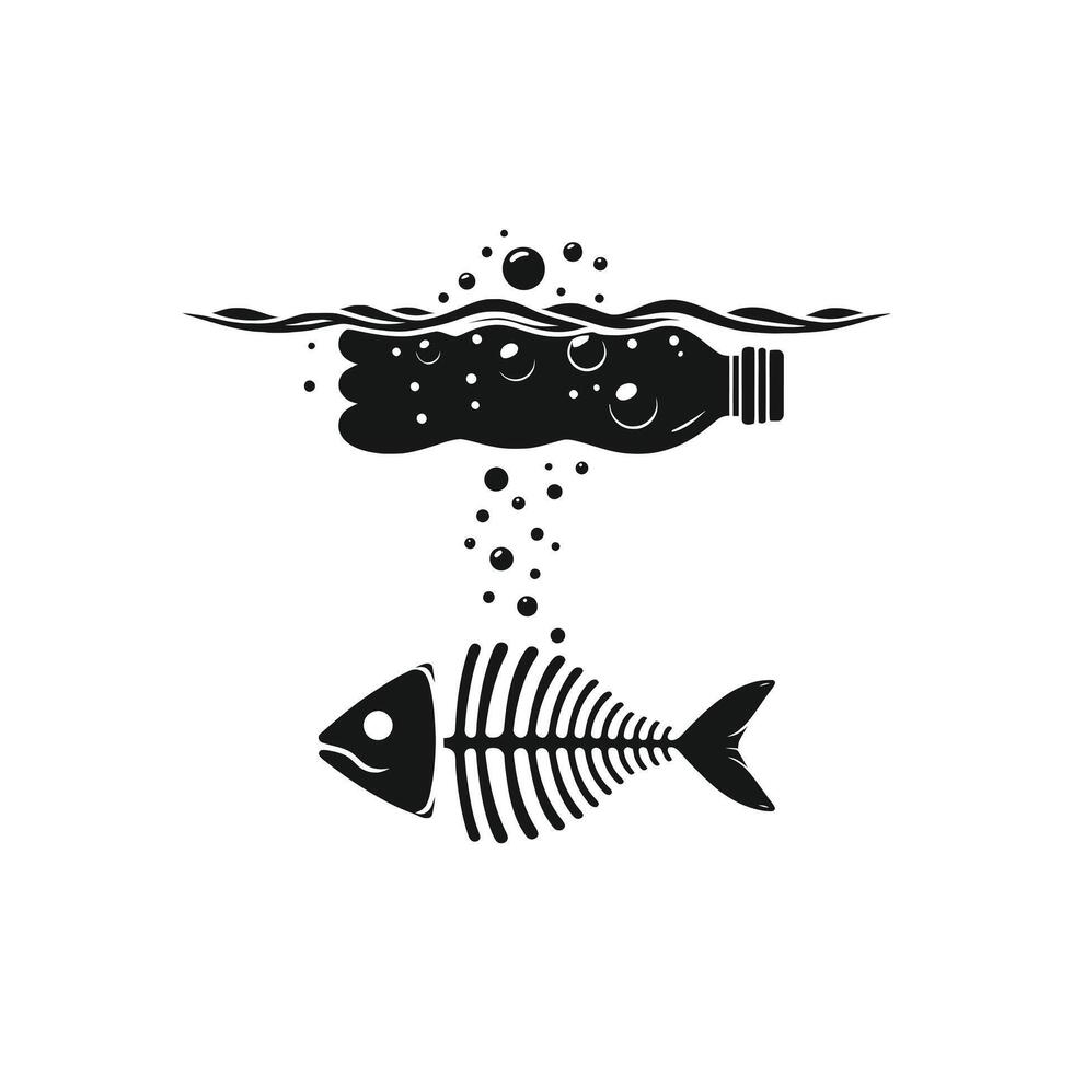Environmental Water Pollution Concept with Plastic Bottle Floating Above Fish Skeleton vector