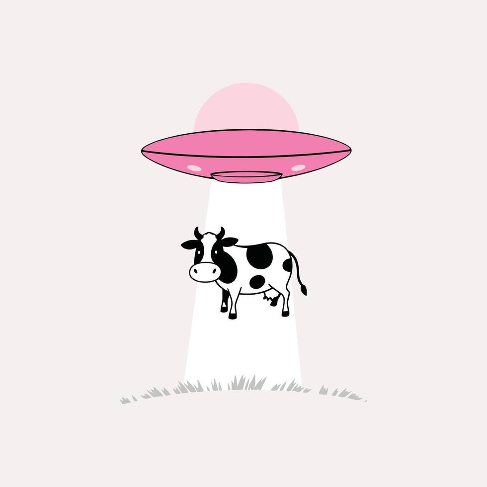 Humorous Illustration of a Cow Being Beamed Up by a Pink UFO vector