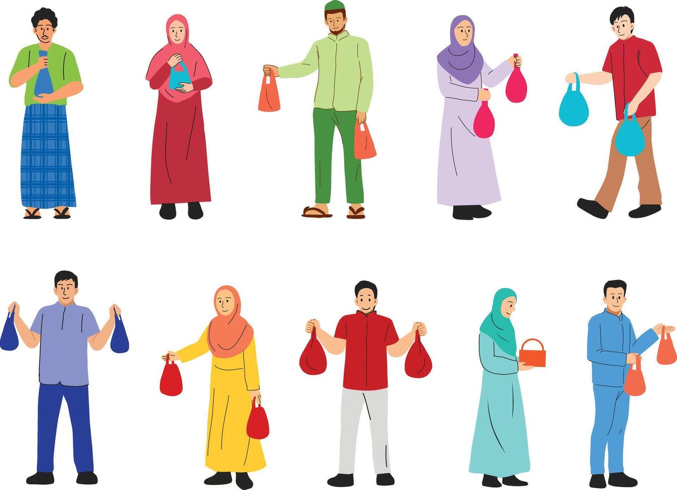 A illustration set featuring characters distributing qurban meat during Eid al Adha for Islamic holiday content, educational materials, and cultural campaigns. vector