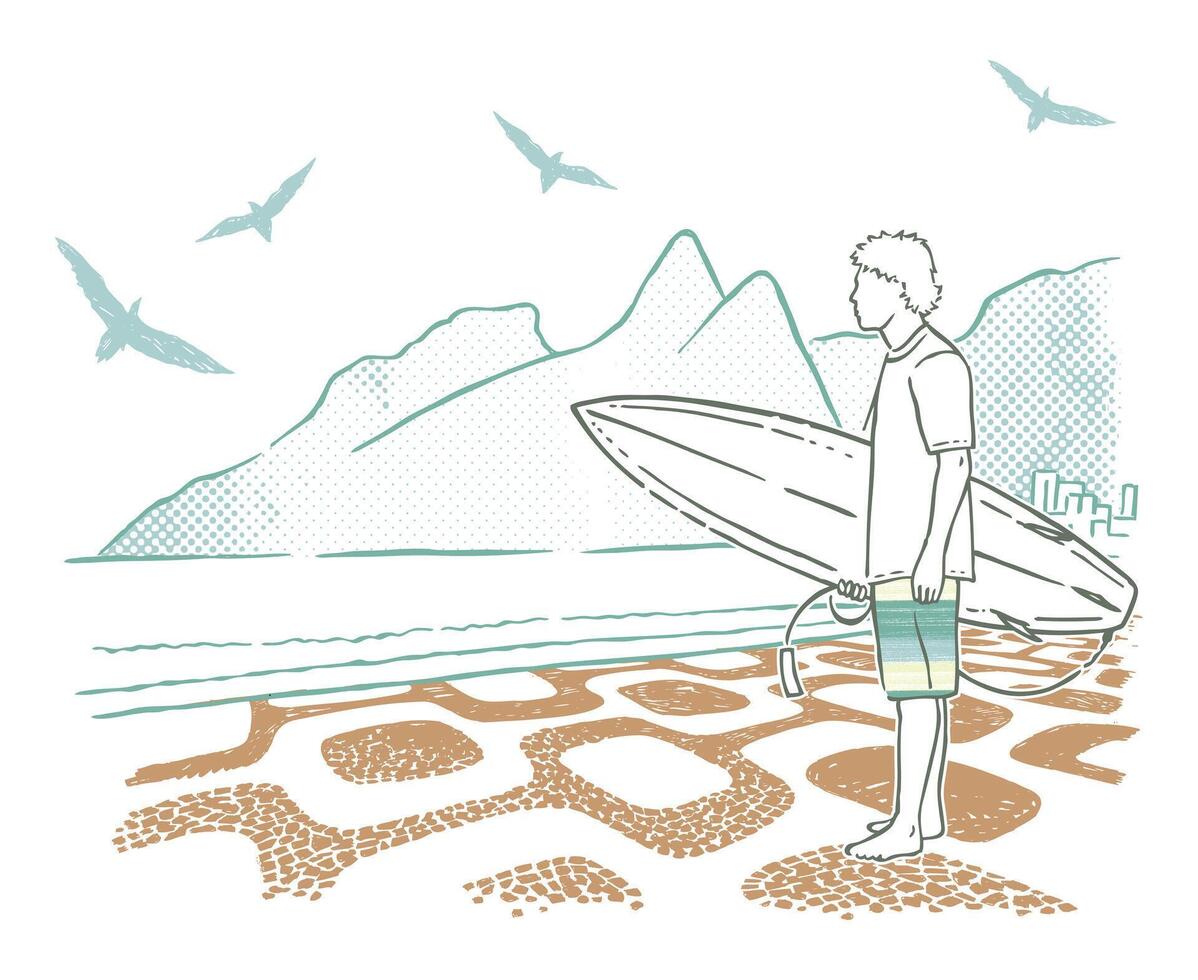 Illustration of a surfer on a beach in Rio de Janeiro, Brazil. Art in simple and editable lines. vector
