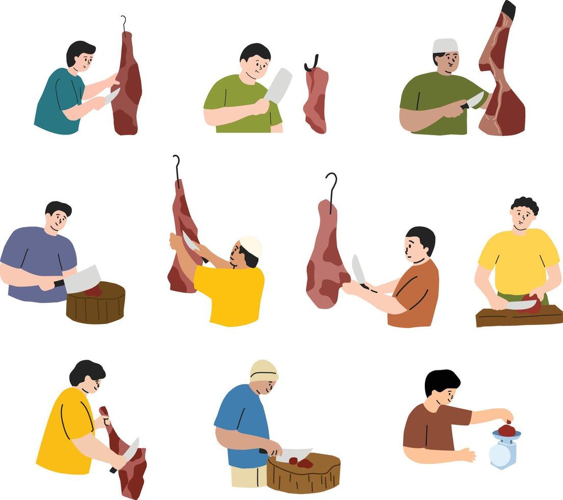 A set of illustrations featuring butcher characters preparing and handling qurban meat for Eid al Adha, for Islamic holiday visuals, cultural celebrations, and community event designs. vector