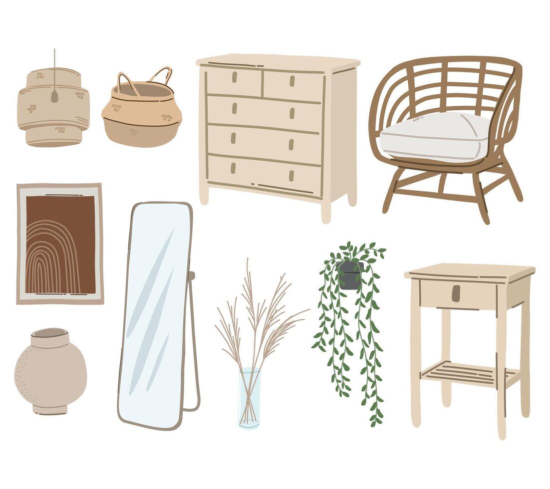 A stylish collection of illustrations featuring rustic and bohemian-inspired furniture, for interior design visuals, lifestyle content, and home decor projects vector