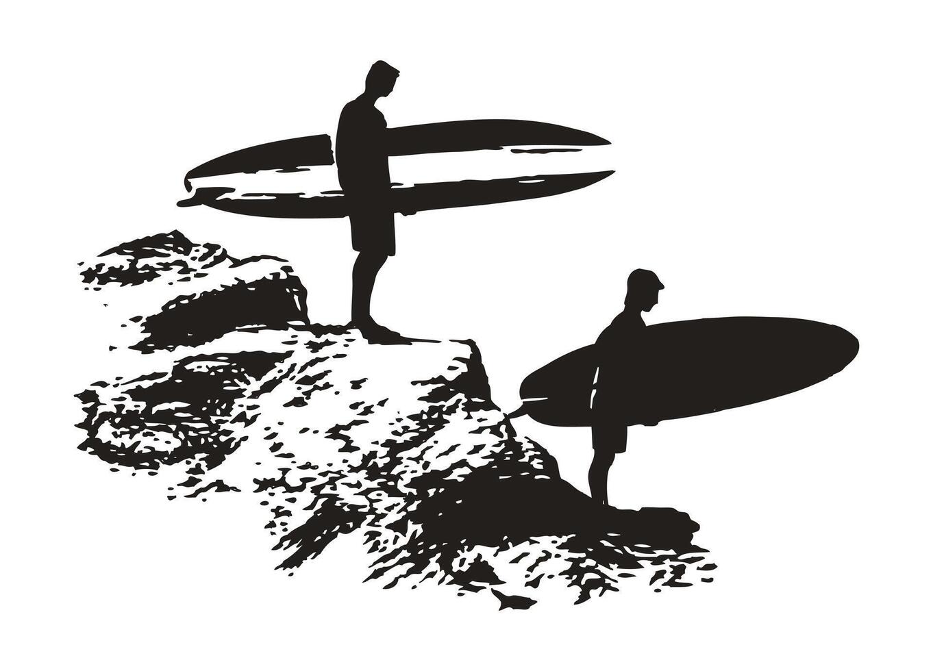 Silhouette illustration of surfers standing on rocks in front of the sea. vector