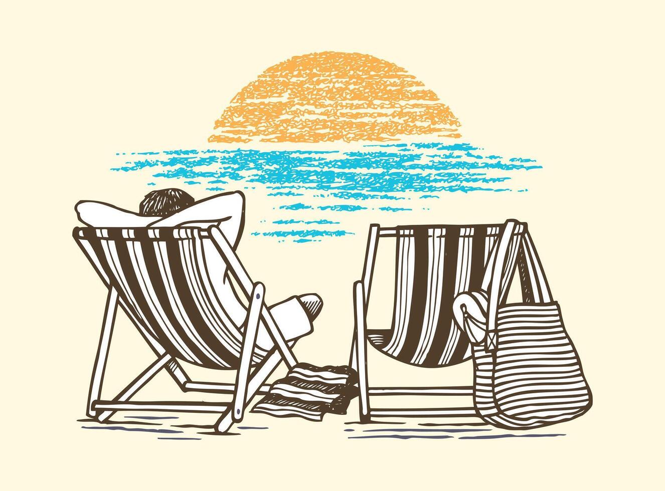 Illustration of a young man sitting on the beach looking at the sea. Casual art representing a moment of leisure and relaxation. vector