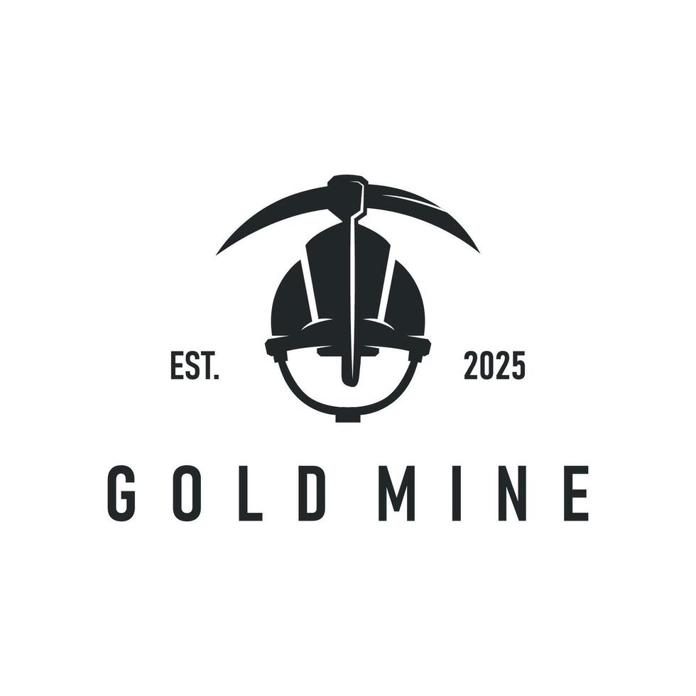 mining logo design simple minimalist concept gold mountain mining with worker hat, pickaxe tool, template illustration symbol vector
