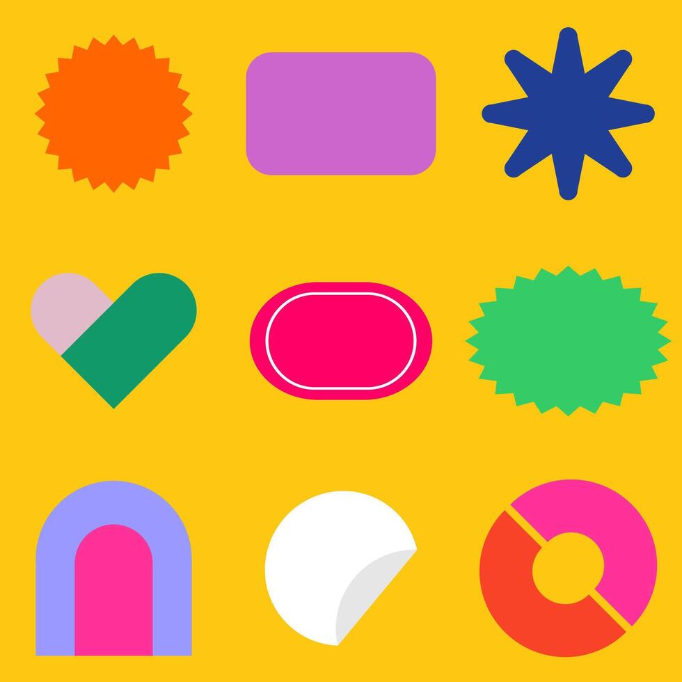 Set of Colorful Abstract Geometric Shapes on Yellow Background Modern Icons for UI Stickers or Graphic Design vector