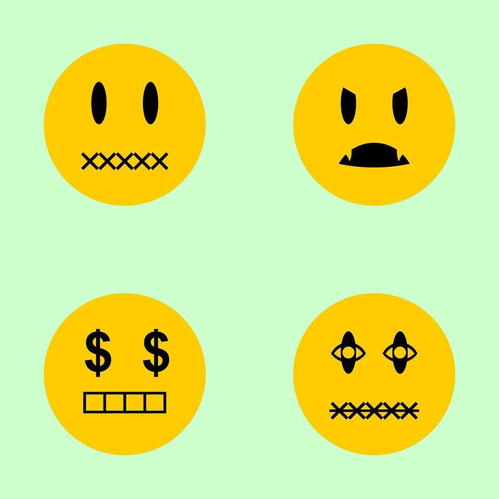 Alternative Expression Emojis Yellow Faces with Unique Eyes and Mouths Dollar Signs X Mouths Fangs and Target Eyes on Pastel Background vector