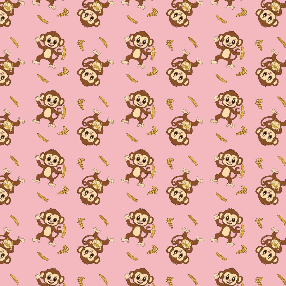Cute cartoon monkeys and bananas repeat in a playful pattern on a pink background. vector