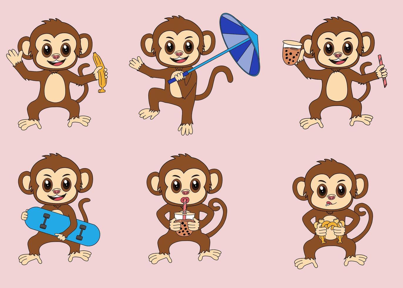 Six cute cartoon monkeys doing various activities, including eating, drinking, and holding items, on a pink background. vector