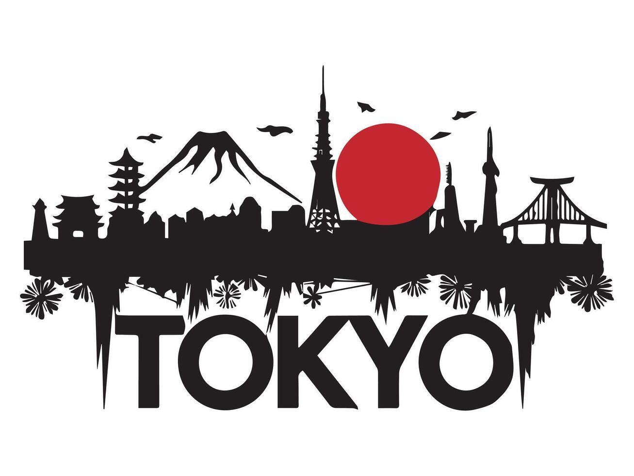 Tokyo Skyline Silhouette with Mount Fuji and Rising Sun vector