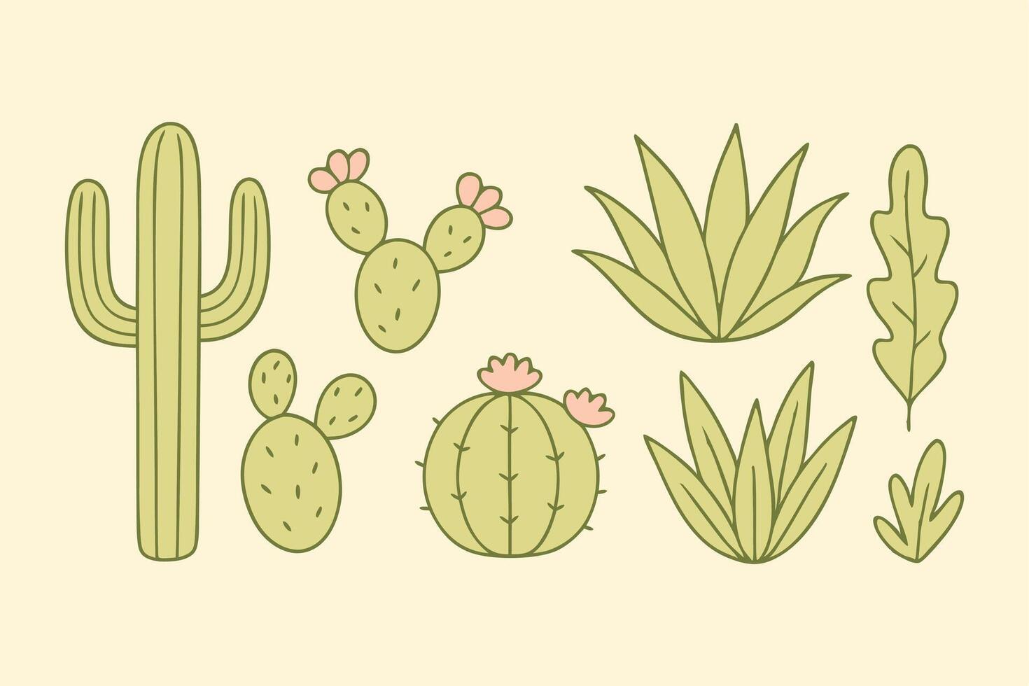 Set of cute cactus and desert plant illustrations in flat cartoon style vector