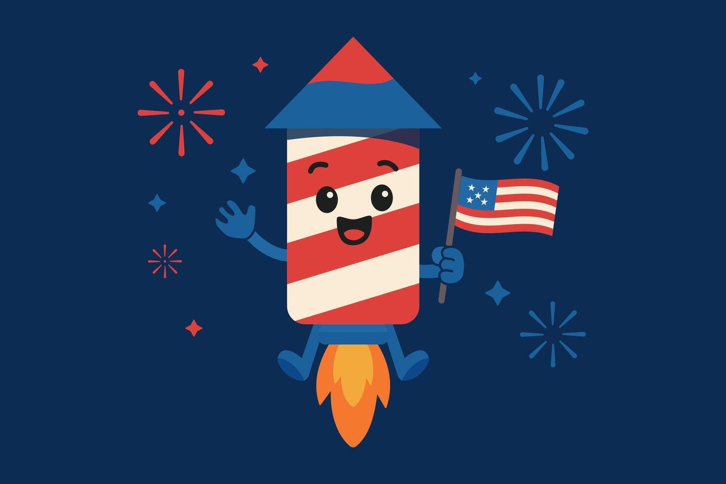 Cute Firework Rocket Character Holding American Flag for 4th of July vector