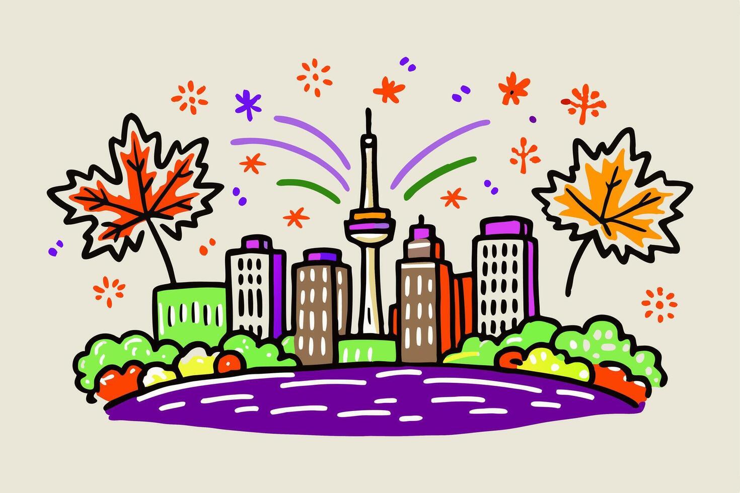 Hand-drawn Canada Day background with a night city skyline, red and yellow fireworks, and floating maple leaves. Celebratory and fun illustration style vector