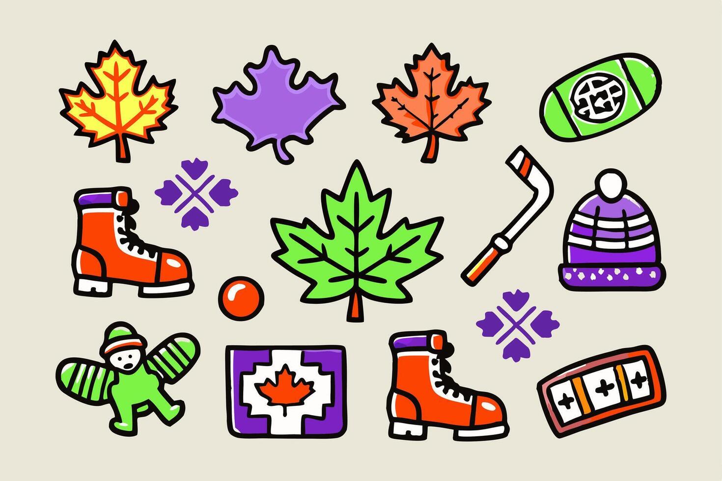 Colorful Canada Day Doodle Icons,Maple Leaf, Hockey, Winter Gear vector