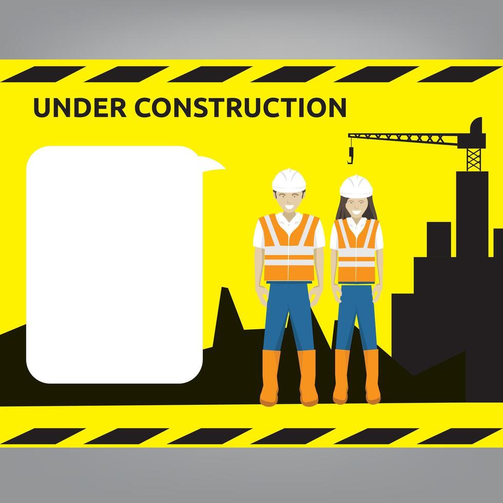 Chat Balloon WORKER under construction with building background vector