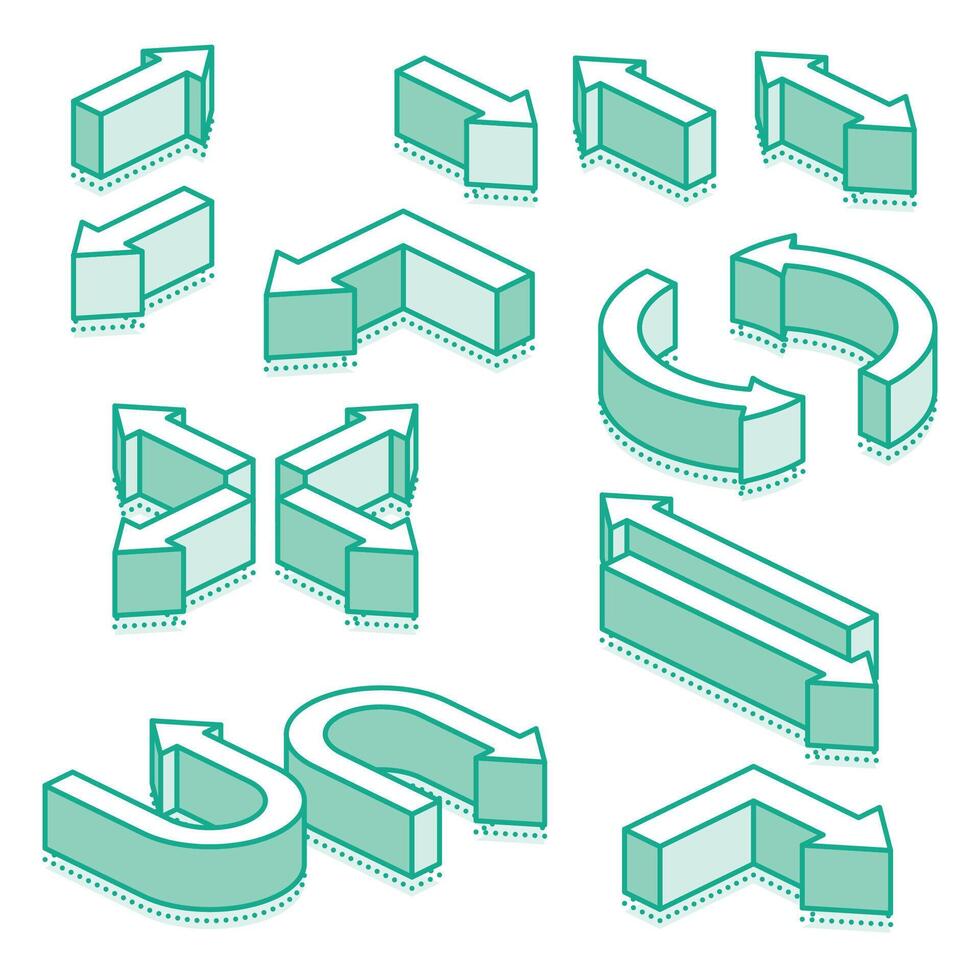 Arrow set. Isometric illustration of green arrows on a white background. vector